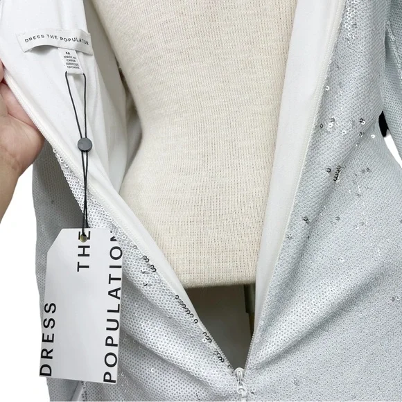 Dress The Population NWT Emilia Long Sleeve Ruched Dress in White Sequins Size M - Picture 11 of 17